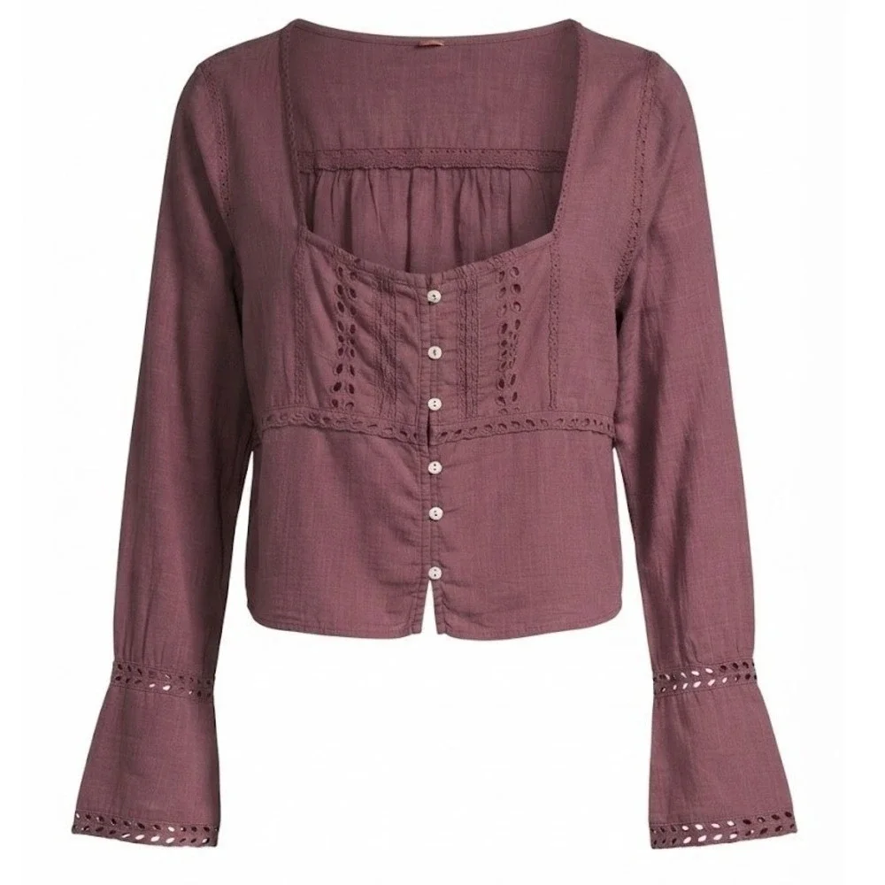 NEW Free People Purple Eyelet Square Neck Button Front Peasant Blouse XL - IW